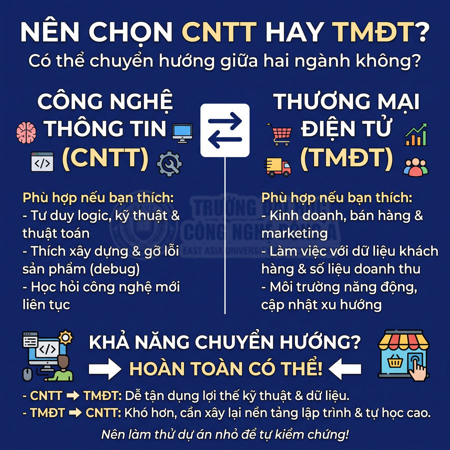 Thông tin về ngành Công nghệ thông tin và Thương mại điện tử, cùng khả năng chuyển hướng giữa hai ngành.