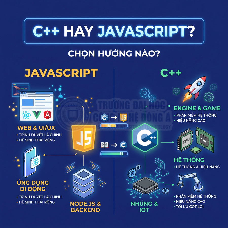 So sánh hướng đi học lập trình C++ và JavaScript cho web, game, hệ thống, nhúng và mobile