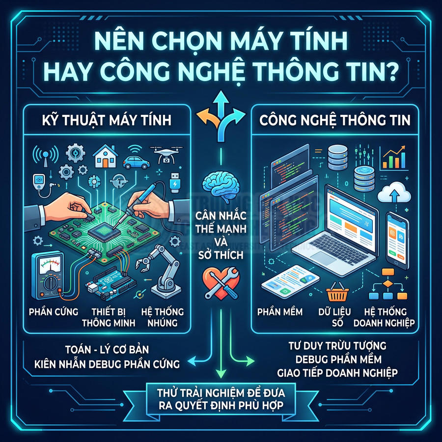 Infographic so sánh ngành kỹ thuật máy tính và công nghệ thông tin, mô tả hướng đi phần cứng và phần mềm