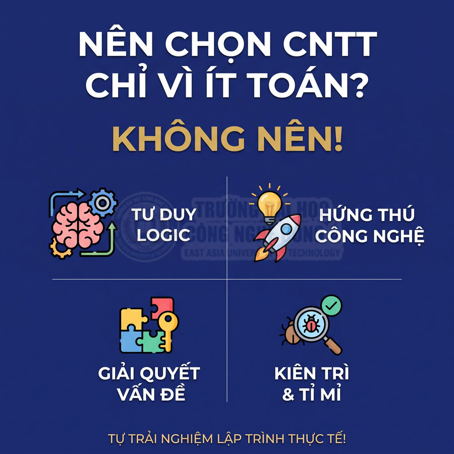 Poster tư vấn chọn ngành CNTT, nhấn mạnh cần tư duy logic, hứng thú công nghệ, giải quyết vấn đề, kiên trì tỉ mỉ