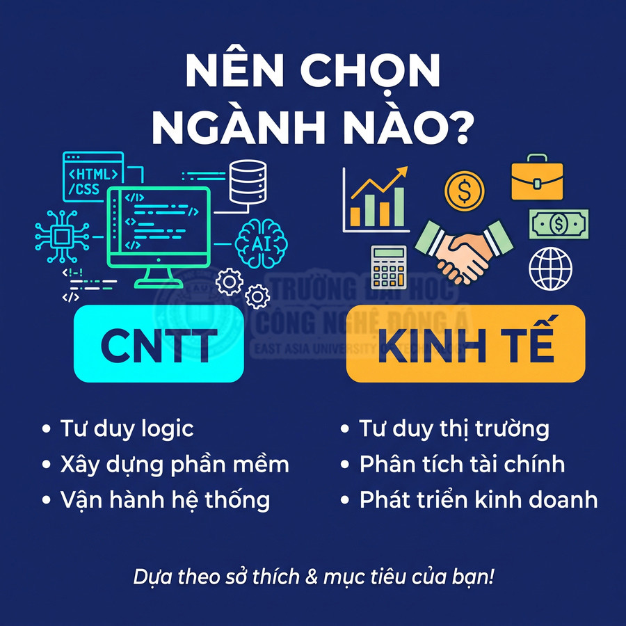 So sánh ngành CNTT với lập trình và vận hành hệ thống cùng ngành Kinh tế với phân tích tài chính và phát triển kinh doanh.