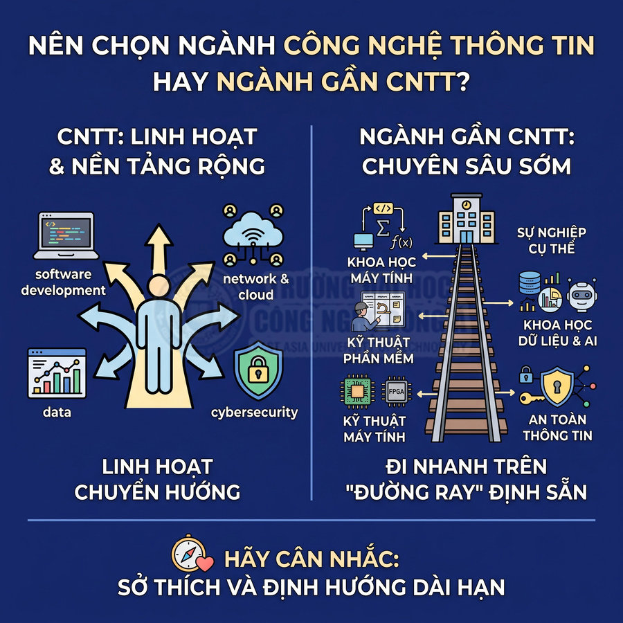 So sánh ngành công nghệ thông tin và các ngành gần CNTT, nêu ưu điểm linh hoạt và chuyên sâu sớm