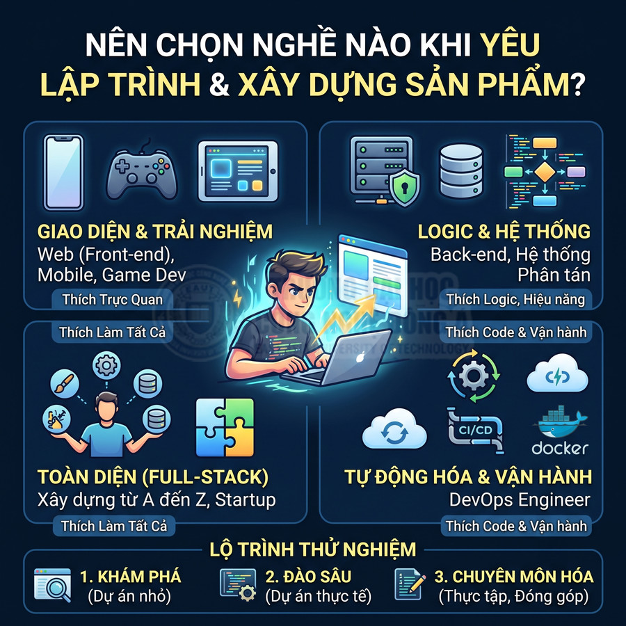 Infographic hướng nghiệp các mảng lập trình giao diện, backend, full stack, DevOps cho người yêu xây dựng sản phẩm