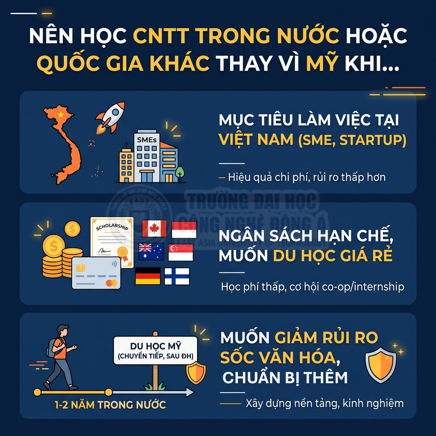 Infographic lý do nên học CNTT trong nước hoặc quốc gia khác thay vì Mỹ, nhấn mạnh chi phí thấp và giảm rủi ro