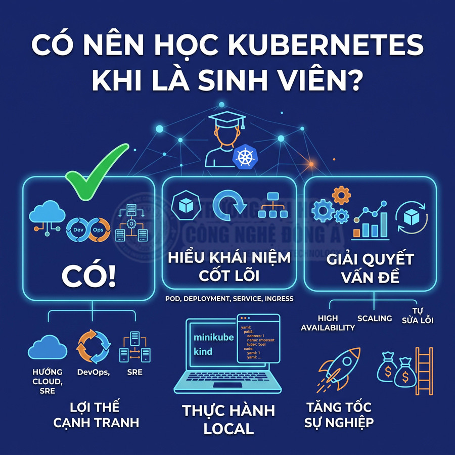 Poster lợi ích học Kubernetes cho sinh viên với các biểu tượng cloud, DevOps, laptop thực hành và tăng tốc sự nghiệp