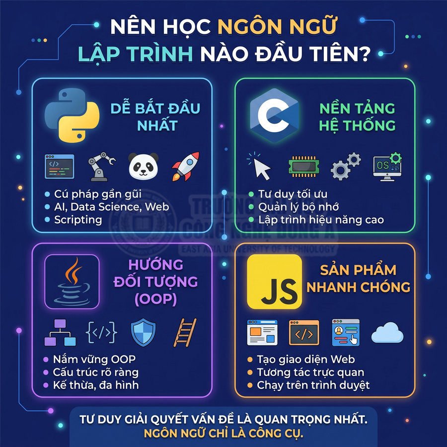 Infographic so sánh ưu điểm Python, C, Java và JavaScript cho người mới học lập trình