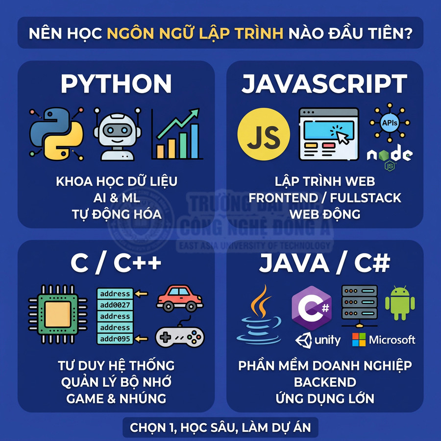 Infographic so sánh Python, JavaScript, C C++, Java C Sharp và lĩnh vực ứng dụng để chọn ngôn ngữ lập trình đầu tiên