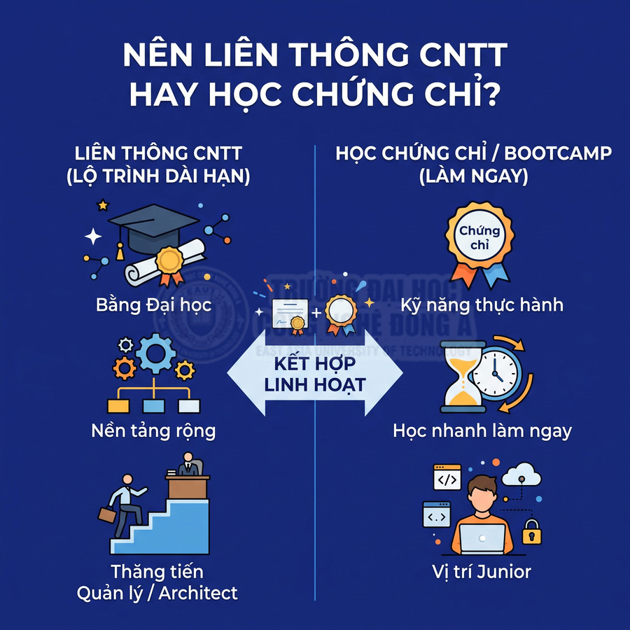 So sánh liên thông CNTT và học chứng chỉ bootcamp, nêu ưu điểm bằng đại học và kỹ năng thực hành linh hoạt