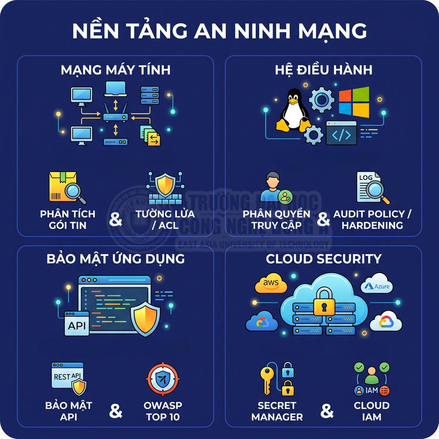 Infographic nền tảng an ninh mạng gồm mạng máy tính, hệ điều hành, bảo mật ứng dụng và cloud security