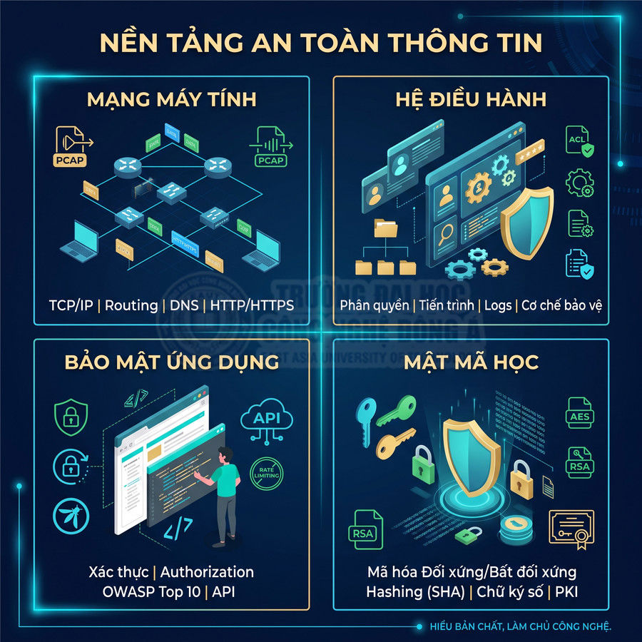 Infographic nền tảng an toàn thông tin về mạng máy tính, hệ điều hành, bảo mật ứng dụng và mật mã học