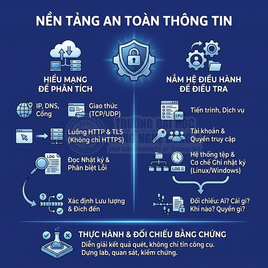 Nền tảng an toàn thông tin với biểu tượng khiên bảo mật và các quy trình phân tích mạng, điều tra hệ điều hành, kiểm chứng bằng chứng