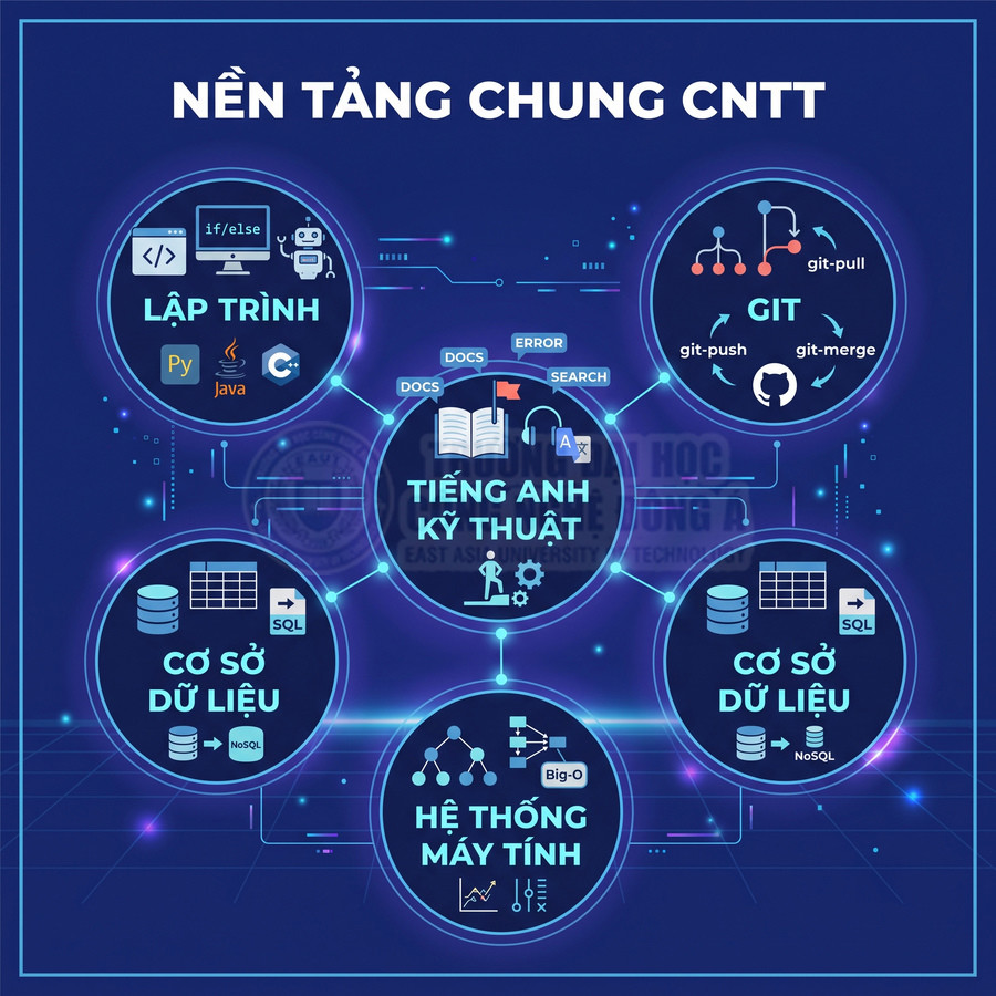 Infographic nền tảng chung CNTT với lập trình, Git, cơ sở dữ liệu, hệ thống máy tính và tiếng Anh kỹ thuật
