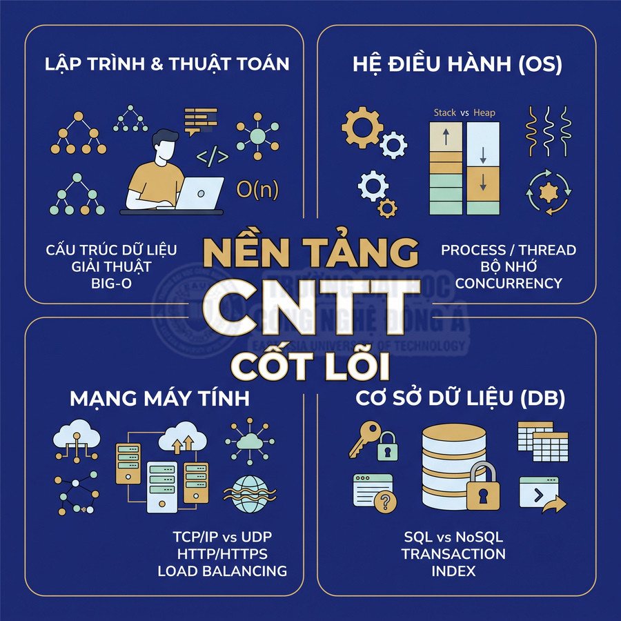 Infographic nền tảng CNTT cốt lõi với lập trình, hệ điều hành, mạng máy tính và cơ sở dữ liệu