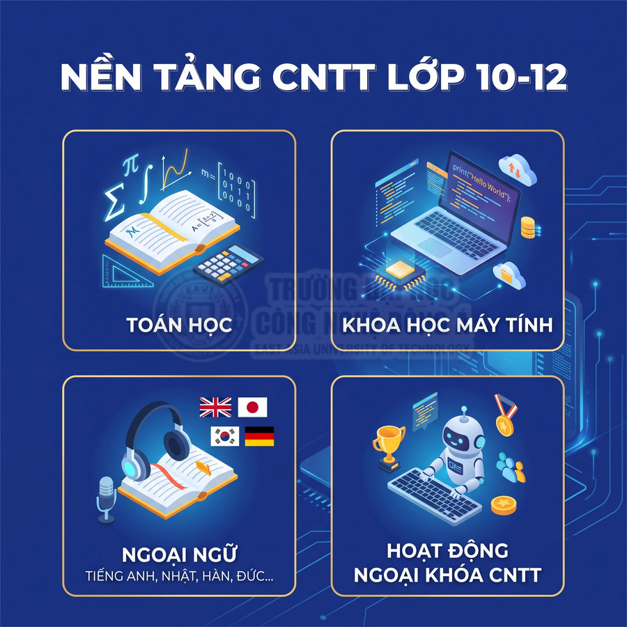 Chương trình nền tảng CNTT lớp 10 12 với các môn toán học, khoa học máy tính, ngoại ngữ và hoạt động ngoại khóa