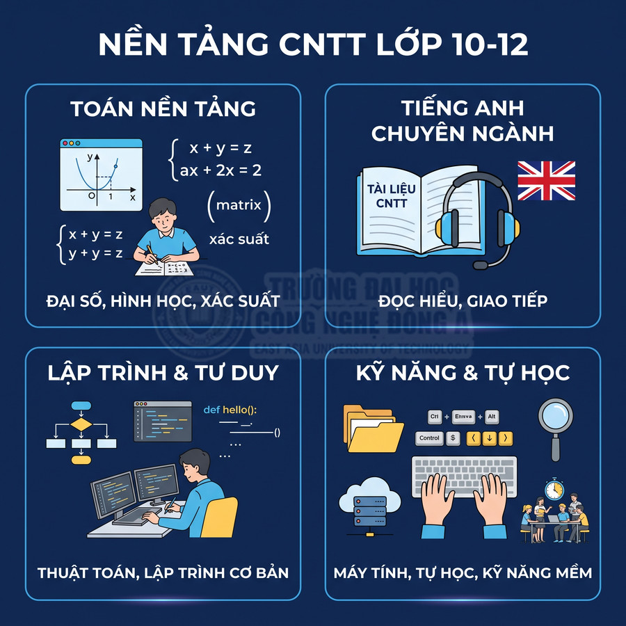 Chương trình nền tảng CNTT lớp 10 12 với toán, tiếng Anh chuyên ngành, lập trình, kỹ năng và tự học