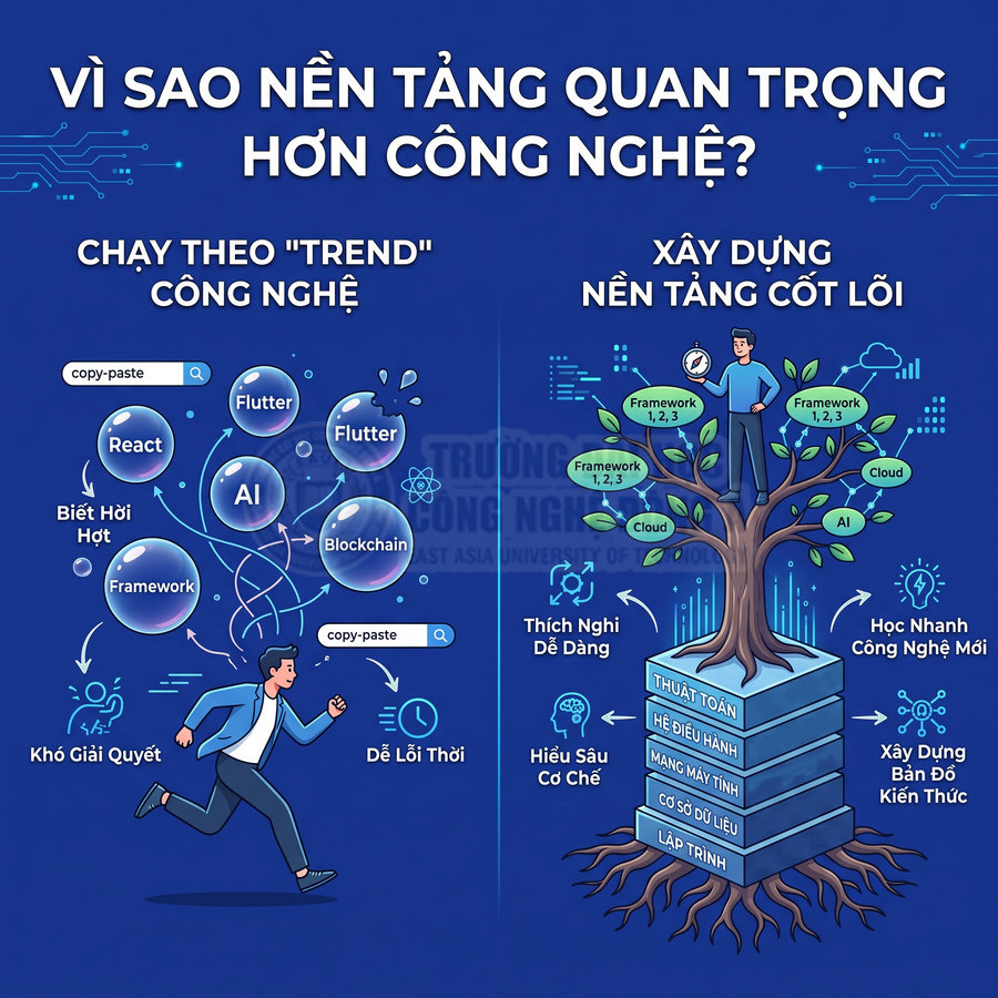 Minh họa so sánh chạy theo trend công nghệ với xây dựng nền tảng cốt lõi trong lập trình và công nghệ thông tin