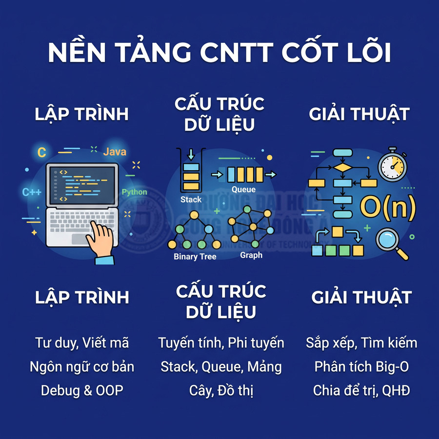 Nền tảng CNTT cốt lõi với minh họa lập trình, cấu trúc dữ liệu và giải thuật, các khái niệm cơ bản cho người mới học