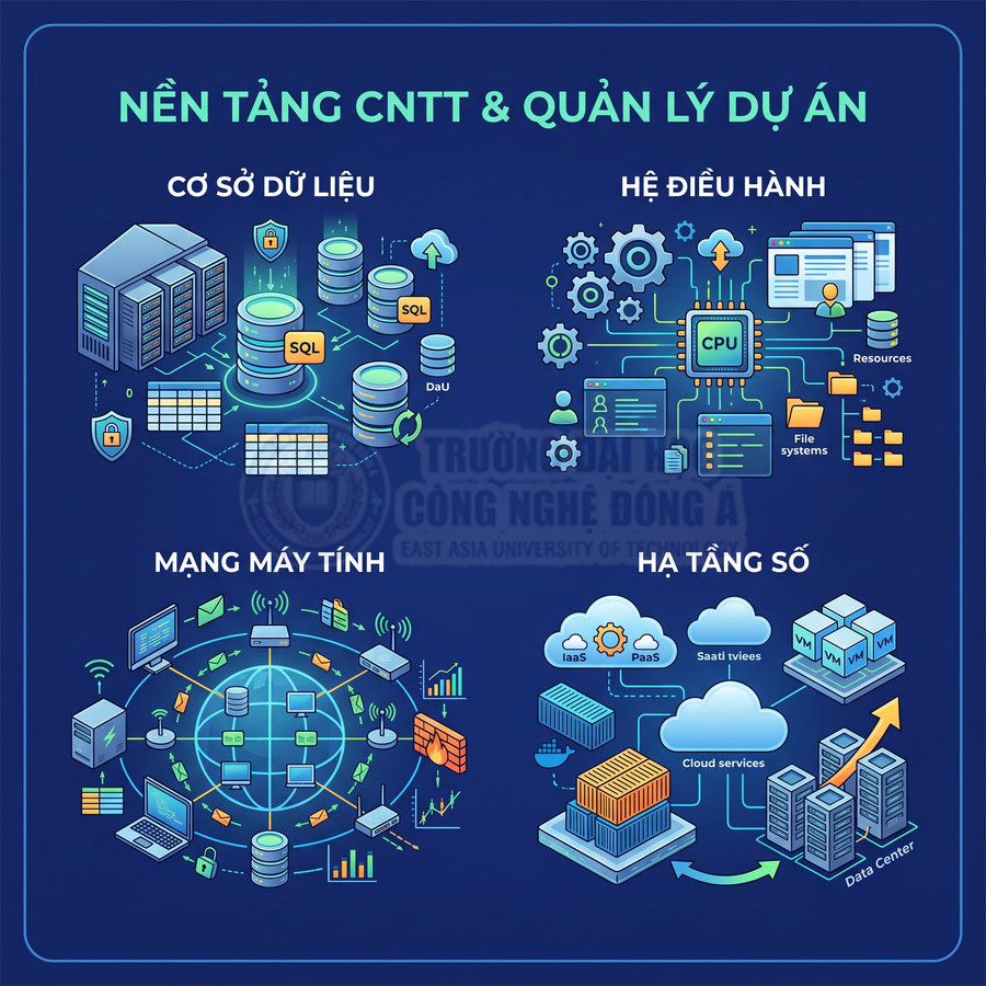 Minh họa nền tảng CNTT và quản lý dự án với cơ sở dữ liệu, hệ điều hành, mạng máy tính và hạ tầng số