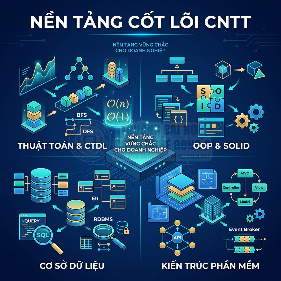Nền tảng cốt lõi CNTT với thuật toán cấu trúc dữ liệu cơ sở dữ liệu OOP SOLID và kiến trúc phần mềm