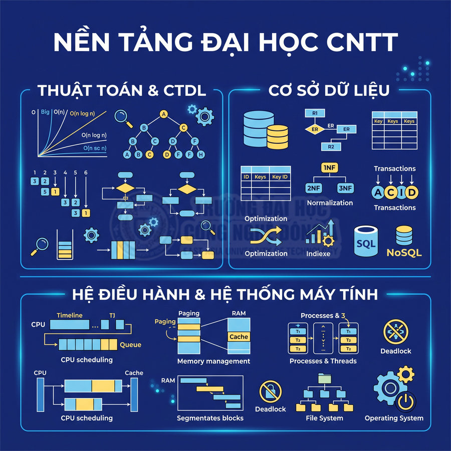 Tổng quan kiến thức nền tảng đại học CNTT gồm thuật toán, cấu trúc dữ liệu, cơ sở dữ liệu và hệ điều hành