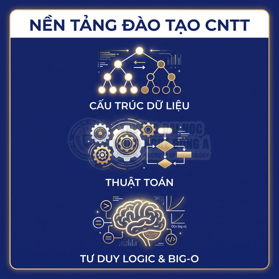 Nền tảng đào tạo CNTT với các môn cấu trúc dữ liệu, thuật toán, tư duy logic và Big O trên nền xanh
