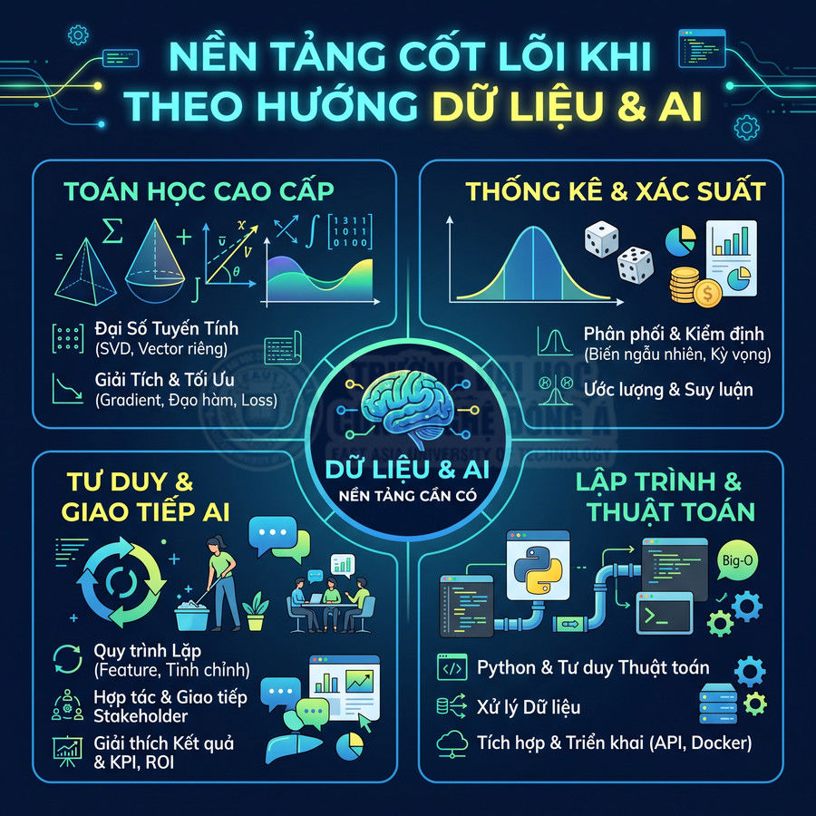 Infographic nền tảng cốt lõi cho người học dữ liệu và AI gồm toán, thống kê, lập trình, tư duy và giao tiếp AI