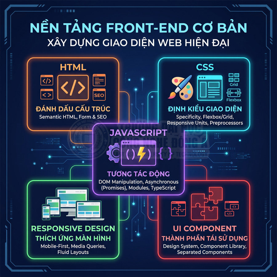 Infographic nền tảng front end cơ bản với HTML CSS JavaScript responsive design và UI component cho giao diện web hiện đại