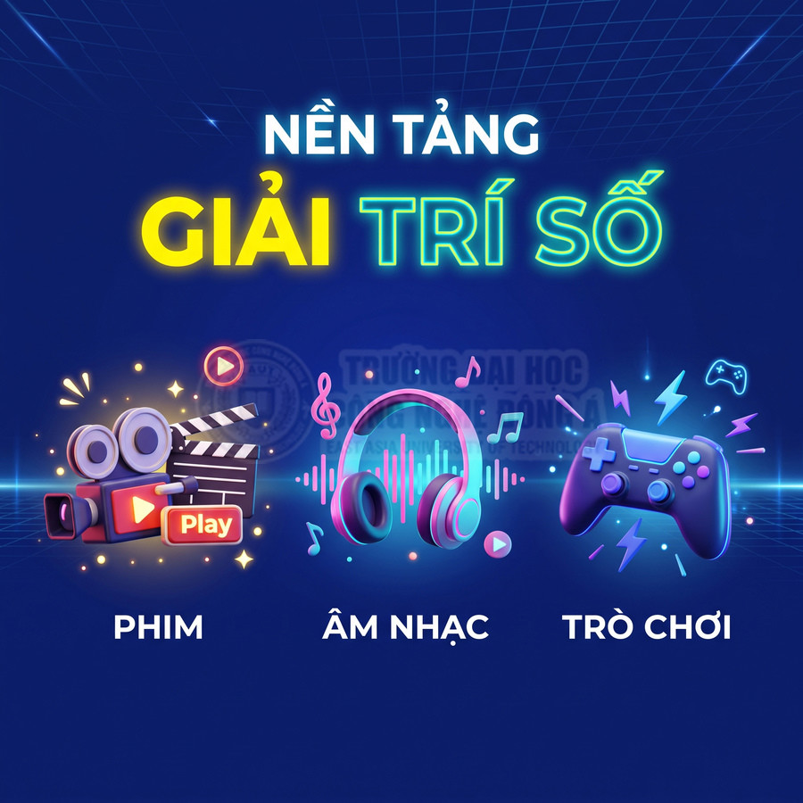 Nền tảng giải trí số với biểu tượng phim, âm nhạc và trò chơi điện tử