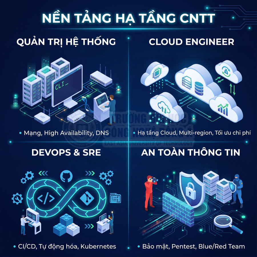 Nền tảng hạ tầng CNTT với các mảng quản trị hệ thống, cloud engineer, devops SRE và an toàn thông tin
