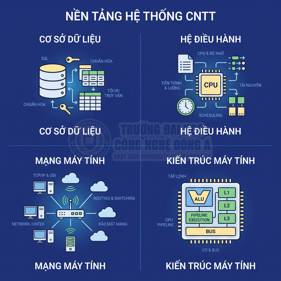 Sơ đồ nền tảng hệ thống CNTT với các khối cơ sở dữ liệu, hệ điều hành, mạng máy tính và kiến trúc máy tính