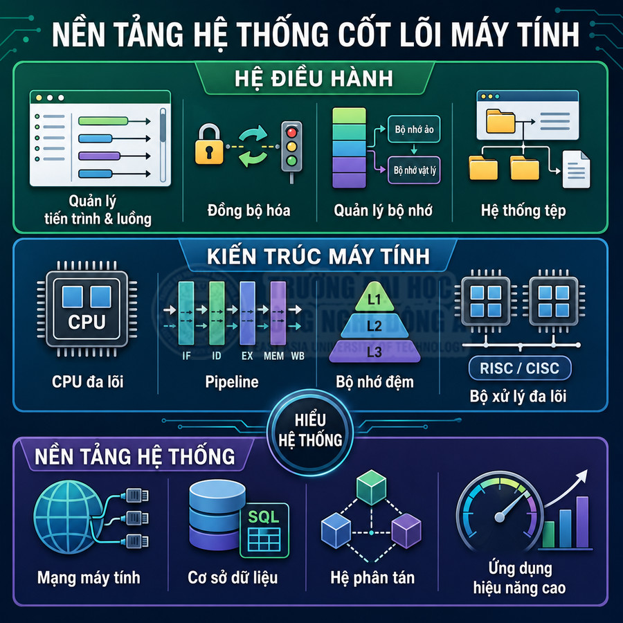 Sơ đồ nền tảng hệ thống cốt lõi máy tính gồm hệ điều hành, kiến trúc CPU và nền tảng hệ thống