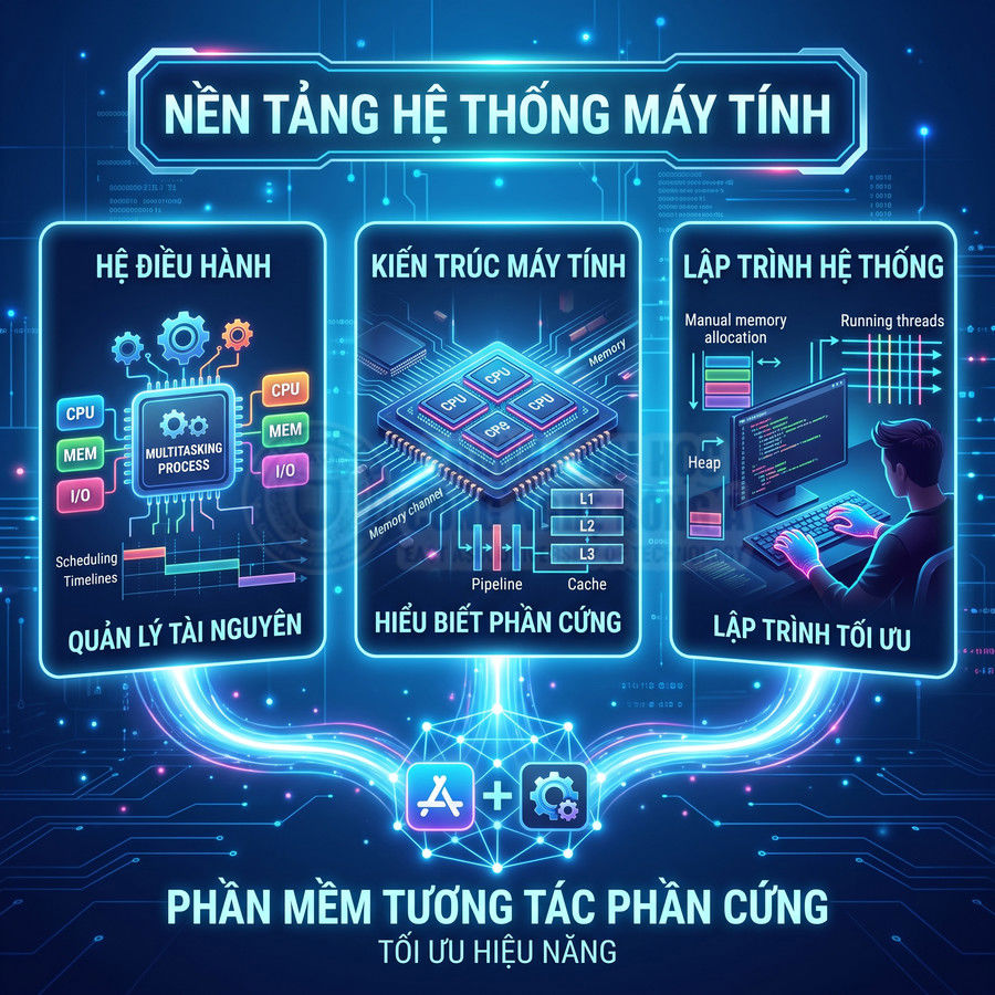 Minh họa nền tảng hệ thống máy tính với hệ điều hành, kiến trúc phần cứng và lập trình hệ thống tối ưu hiệu năng
