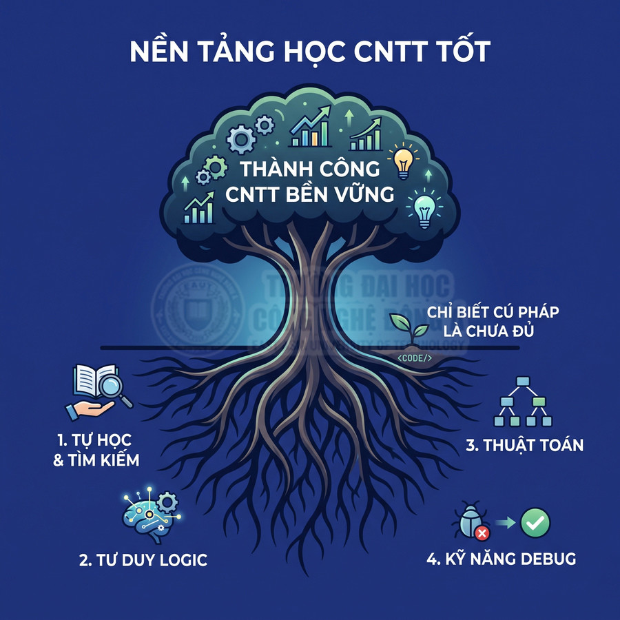 Minh họa cây kiến thức nền tảng học CNTT với tự học tư duy logic thuật toán và kỹ năng debug