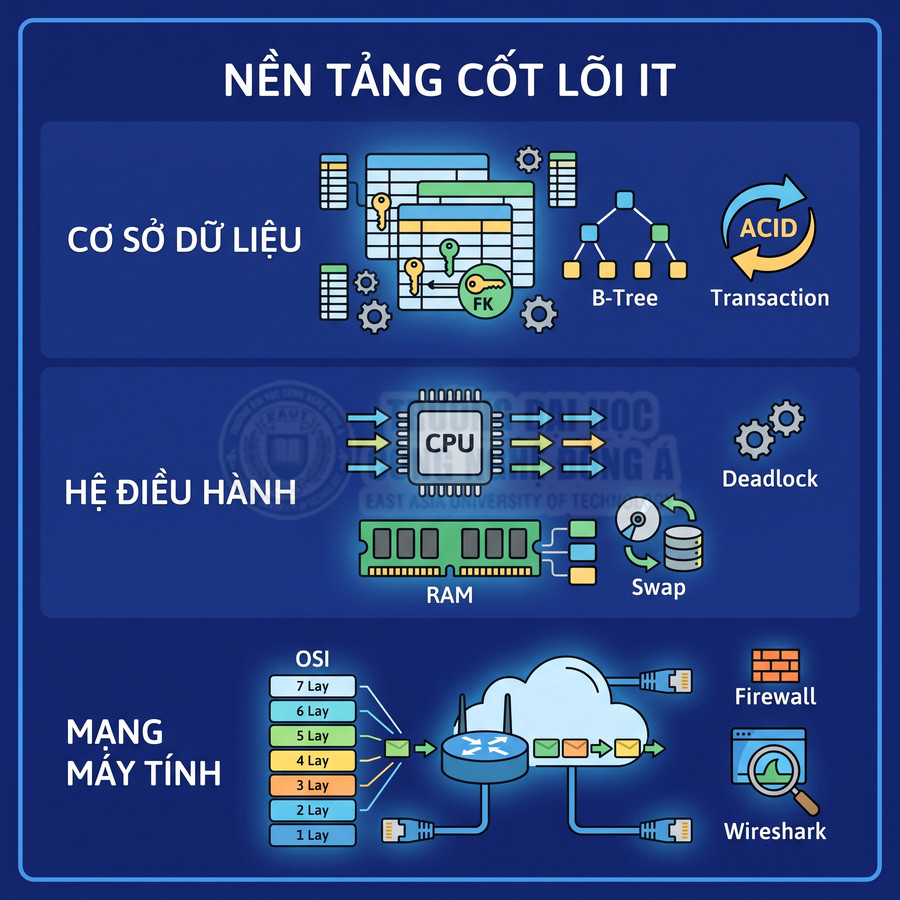 Minh họa nền tảng cốt lõi IT gồm cơ sở dữ liệu, hệ điều hành và mạng máy tính với các khái niệm chính