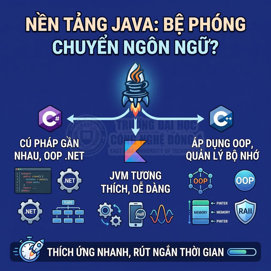 Infographic so sánh nền tảng Java với C Sharp và C++ về cú pháp, OOP, JVM và khả năng chuyển đổi ngôn ngữ lập trình