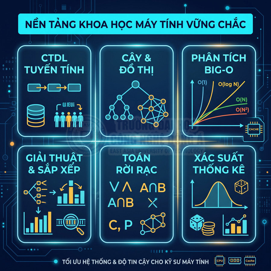 Các môn nền tảng khoa học máy tính gồm CTDL, cây và đồ thị, Big O, giải thuật, toán rời rạc, xác suất thống kê