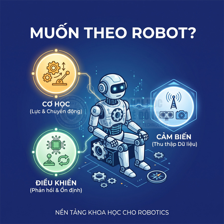 Robot minh họa ngồi giữa các biểu tượng cơ học, cảm biến và điều khiển, giới thiệu nền tảng khoa học cho robotics
