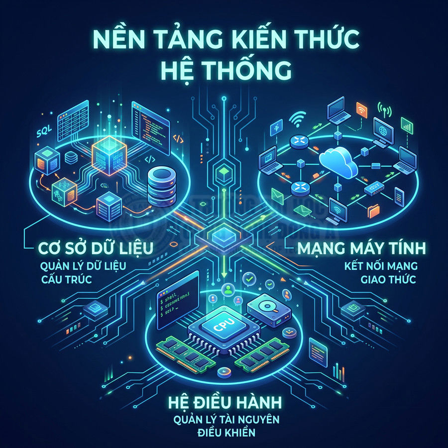 Minh họa nền tảng kiến thức hệ thống với cơ sở dữ liệu, mạng máy tính và hệ điều hành kết nối bằng mạch điện tử