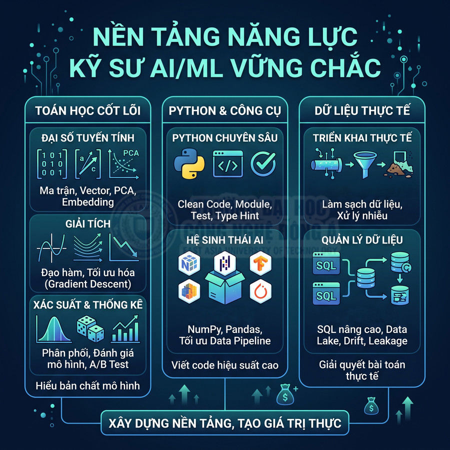 Tóm tắt kỹ năng nền tảng cho kỹ sư AI ML gồm toán học Python công cụ dữ liệu thực tế và quản lý dữ liệu