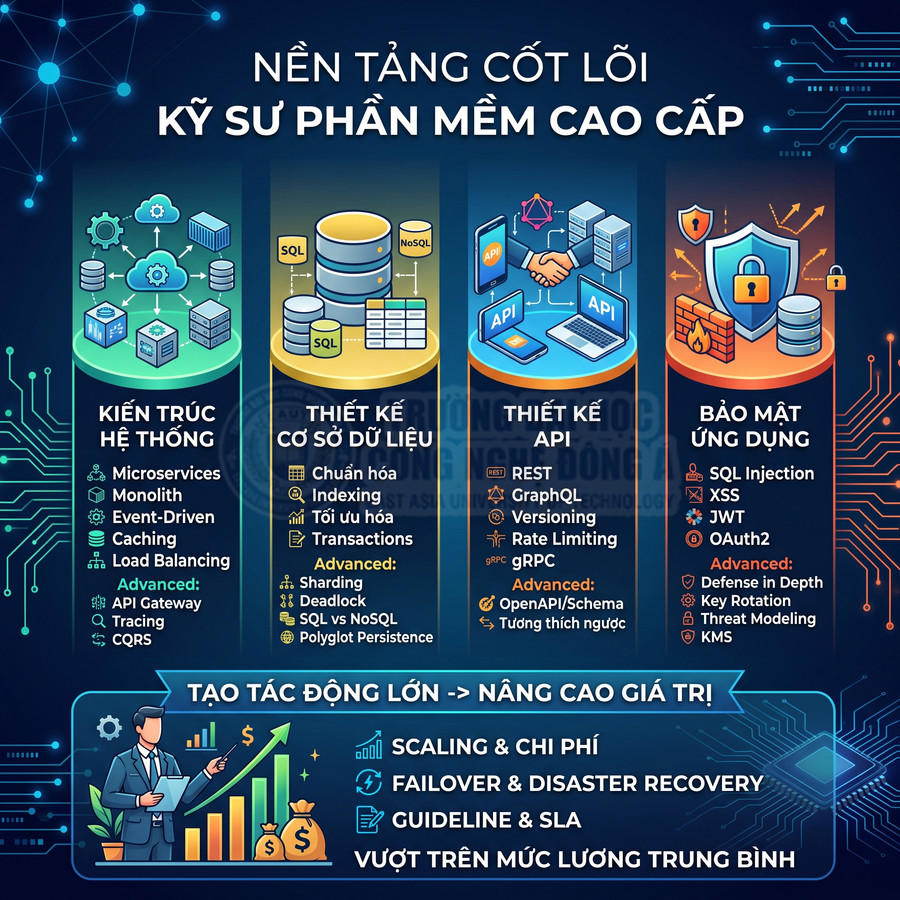 Nền tảng kỹ sư phần mềm cao cấp với kiến trúc hệ thống, cơ sở dữ liệu, thiết kế API và bảo mật ứng dụng