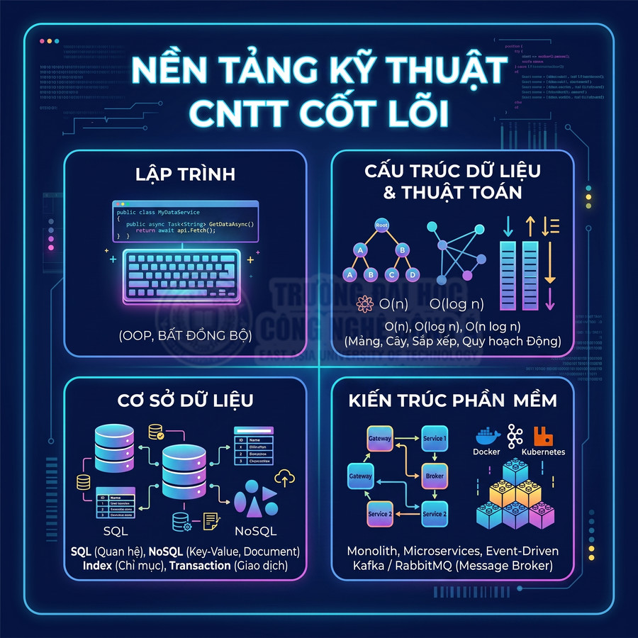 Infographic nền tảng kỹ thuật CNTT cốt lõi gồm lập trình, cấu trúc dữ liệu, cơ sở dữ liệu và kiến trúc phần mềm