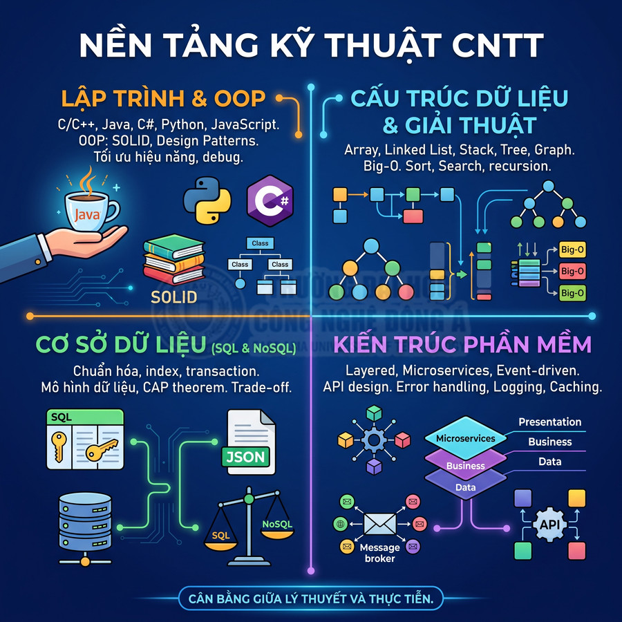 Infographic nền tảng kỹ thuật CNTT với lập trình OOP, cấu trúc dữ liệu, cơ sở dữ liệu và kiến trúc phần mềm