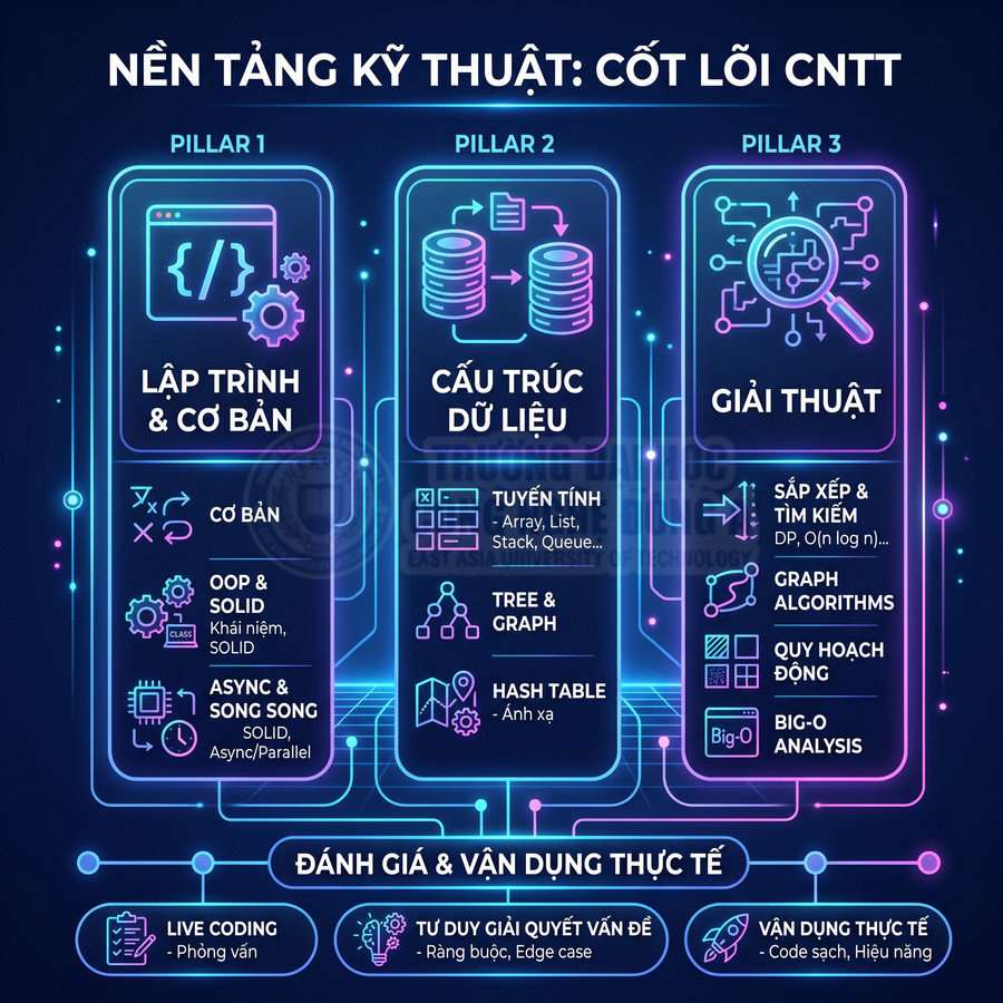 Nội dung nền tảng kỹ thuật cốt lõi CNTT với ba trụ cột lập trình cơ bản cấu trúc dữ liệu và giải thuật