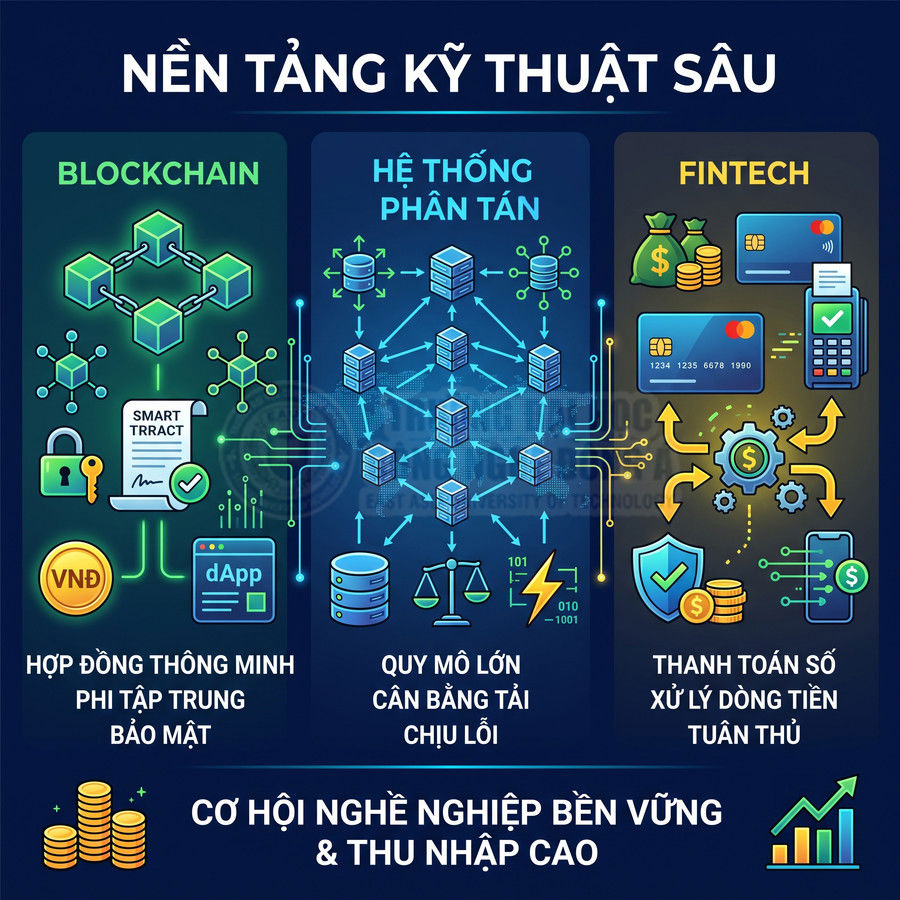 Minh họa nền tảng kỹ thuật sâu blockchain, hệ thống phân tán và fintech với biểu tượng hợp đồng thông minh, thanh toán số