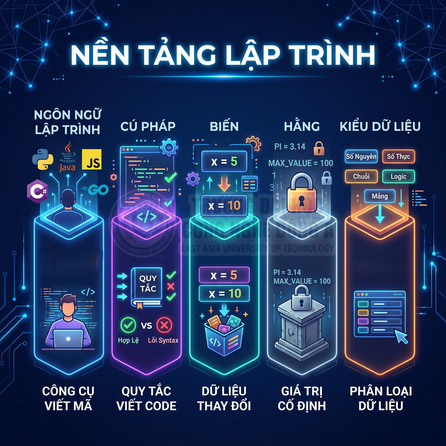 Minh họa nền tảng lập trình với ngôn ngữ Python JavaScript Java C Sharp và các khái niệm biến hằng kiểu dữ liệu