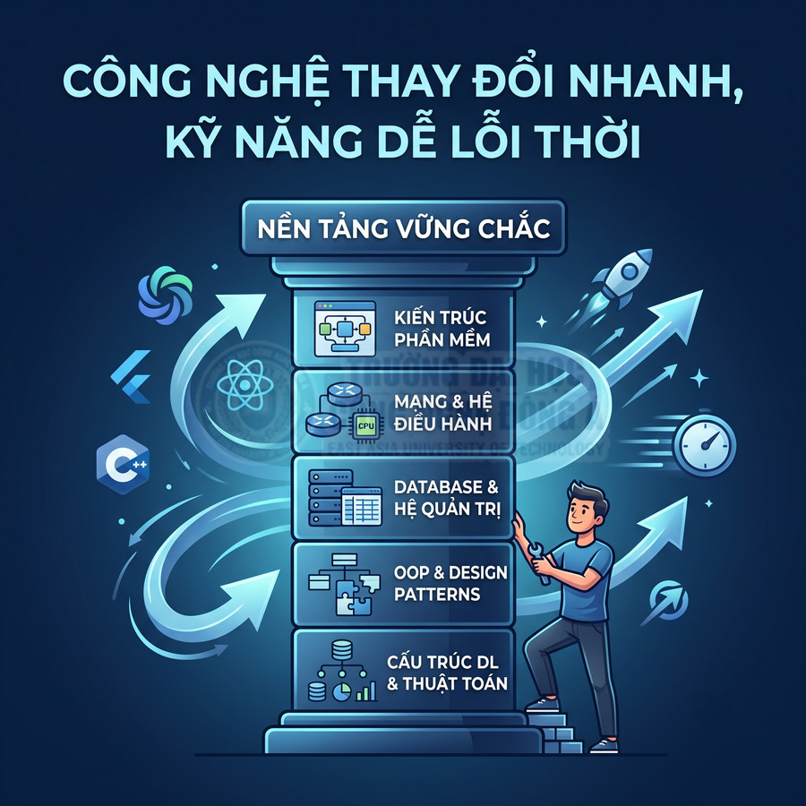 Minh họa cột kiến thức nền tảng lập trình: kiến trúc phần mềm, mạng, hệ điều hành, database, OOP, cấu trúc dữ liệu
