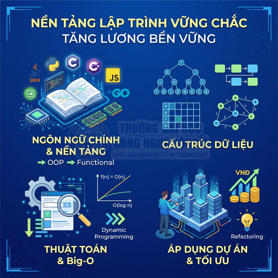 Poster khóa học lập trình nền tảng với Java, Python, C, C++, JavaScript, Go, cấu trúc dữ liệu, thuật toán và áp dụng dự án