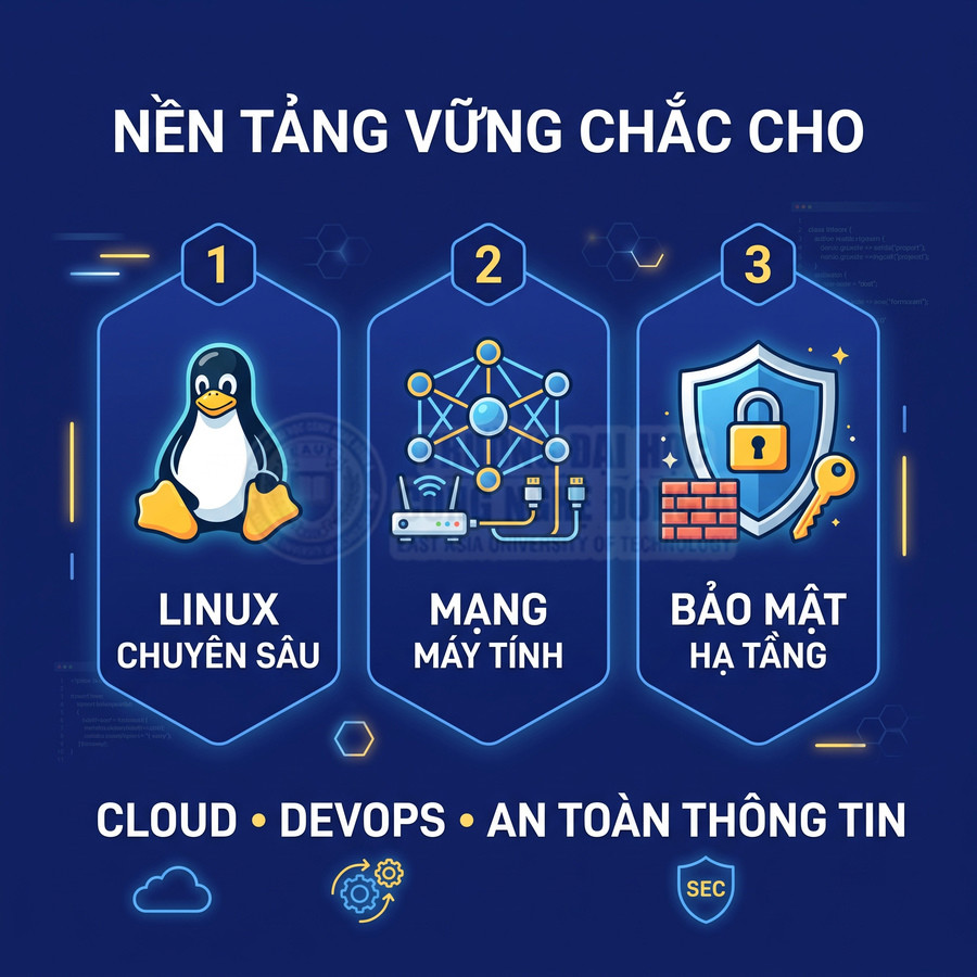 Banner khóa học Linux chuyên sâu, mạng máy tính và bảo mật hạ tầng cho định hướng Cloud DevOps an toàn thông tin