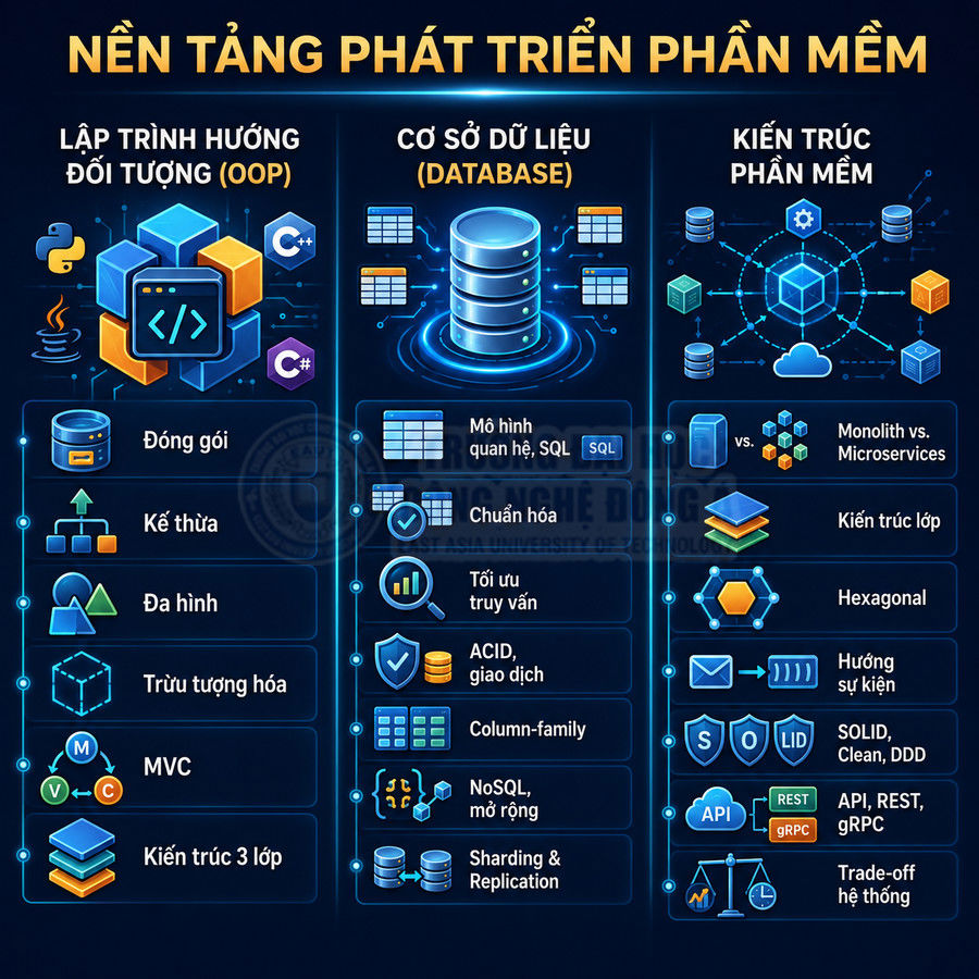 Tổng quan nền tảng phát triển phần mềm với OOP, cơ sở dữ liệu và kiến trúc phần mềm minh họa trực quan