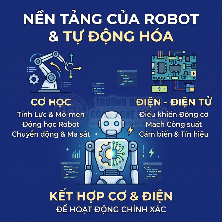 Minh họa nền tảng robot và tự động hóa với cánh tay robot, mạch điện tử và robot kết hợp cơ điện